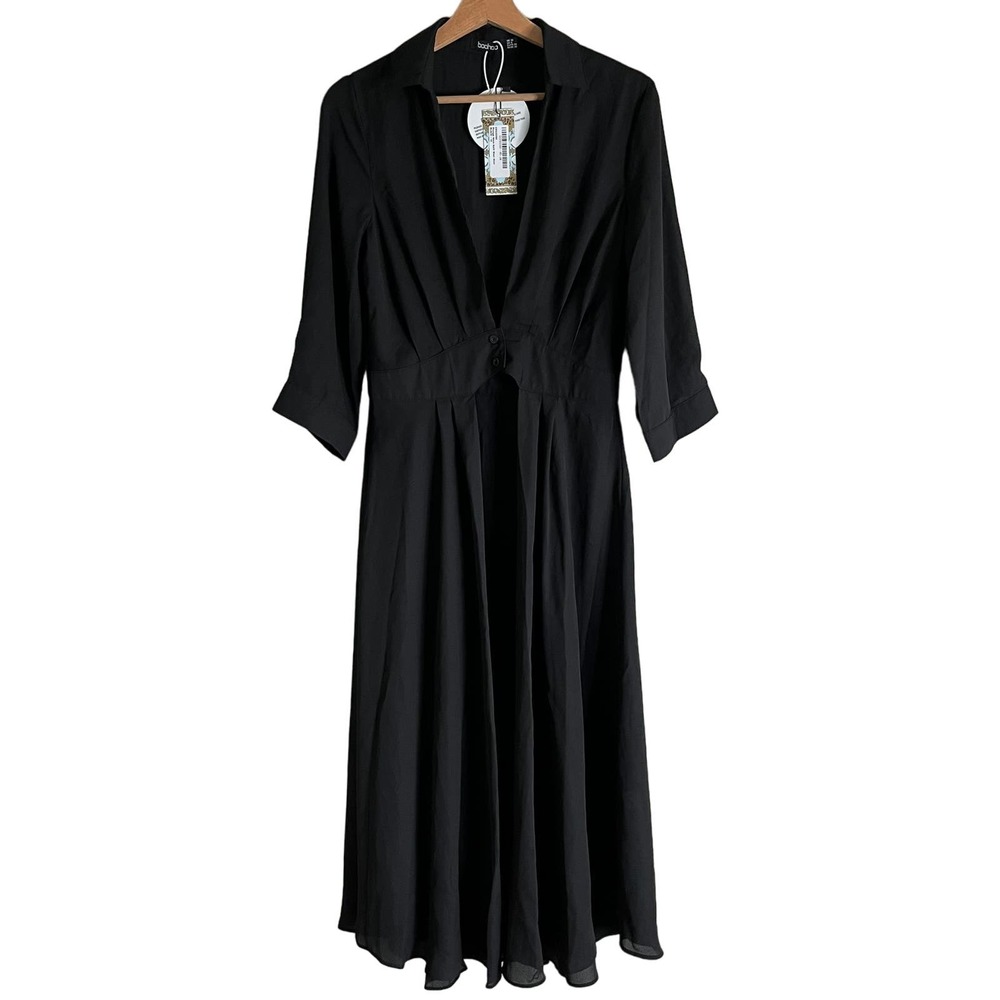 Boohoo Womens Black Cape Long Overshirt Coverup Chiffon Dress Shirt Collared Top